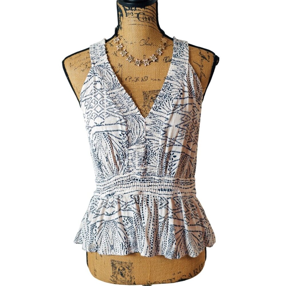 Willow Root Womens L Sleeveless Top Boho Peplum Smocked Tie-Back White Navy